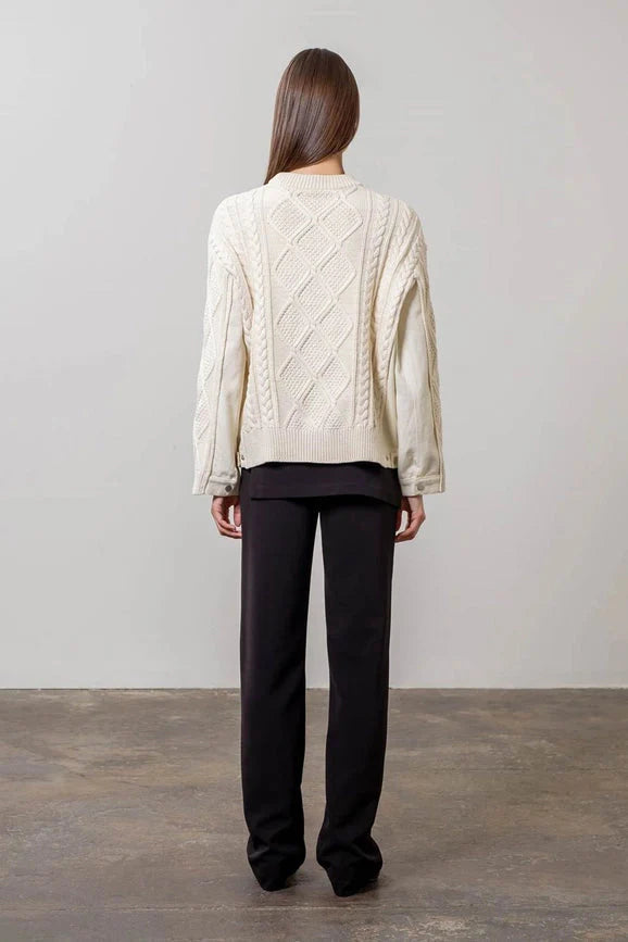 Cable Knit Sweater with Denim Detail