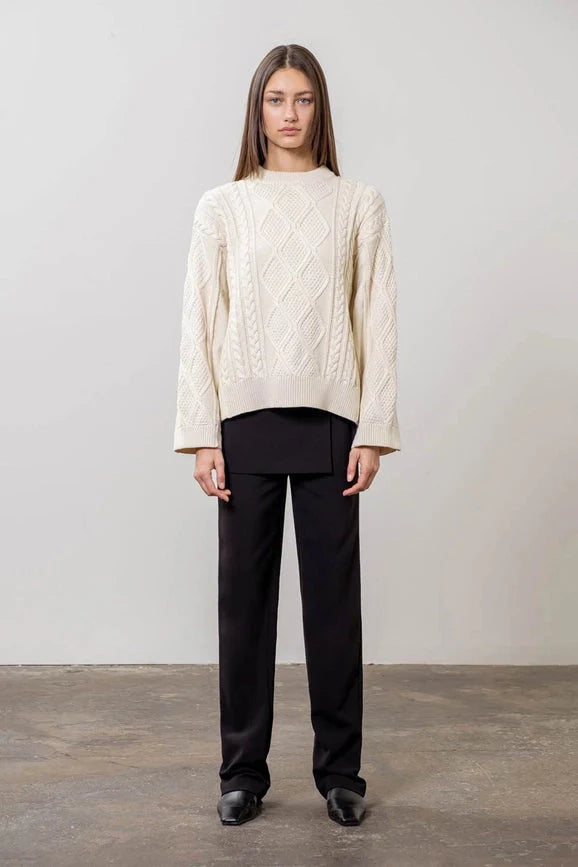 Cable Knit Sweater with Denim Detail