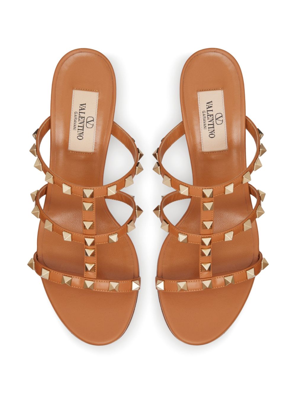 Camel Brown Calf Leather Rockstud Summer Slip-On Mules 60mm Comfortable