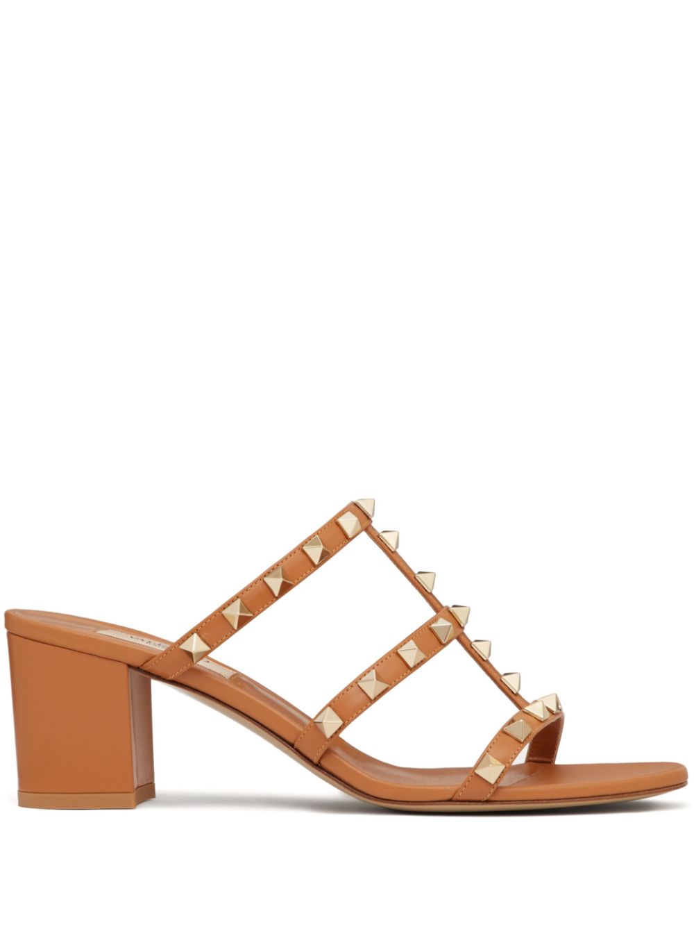 Camel Brown Calf Leather Rockstud Summer Slip-On Mules 60mm Comfortable