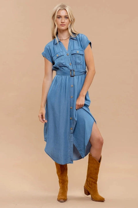Chambray Belted Midi Dress with Collared Button-Down Design