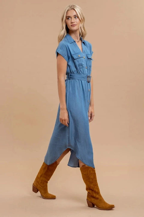 Chambray Belted Midi Dress with Collared Button-Down Design