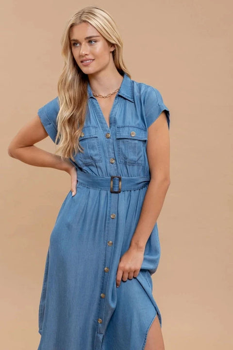 Chambray Belted Midi Dress with Collared Button-Down Design