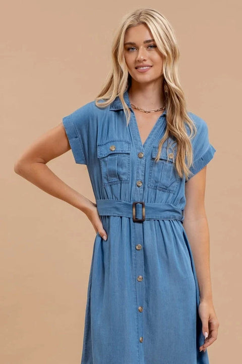 Chambray Belted Midi Dress with Collared Button-Down Design