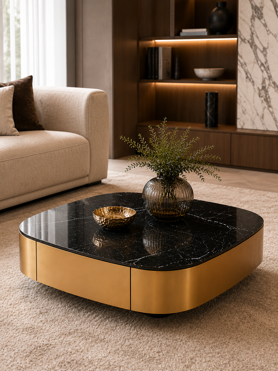 Curved Edge Luxe Marble Coffee Table with Storage