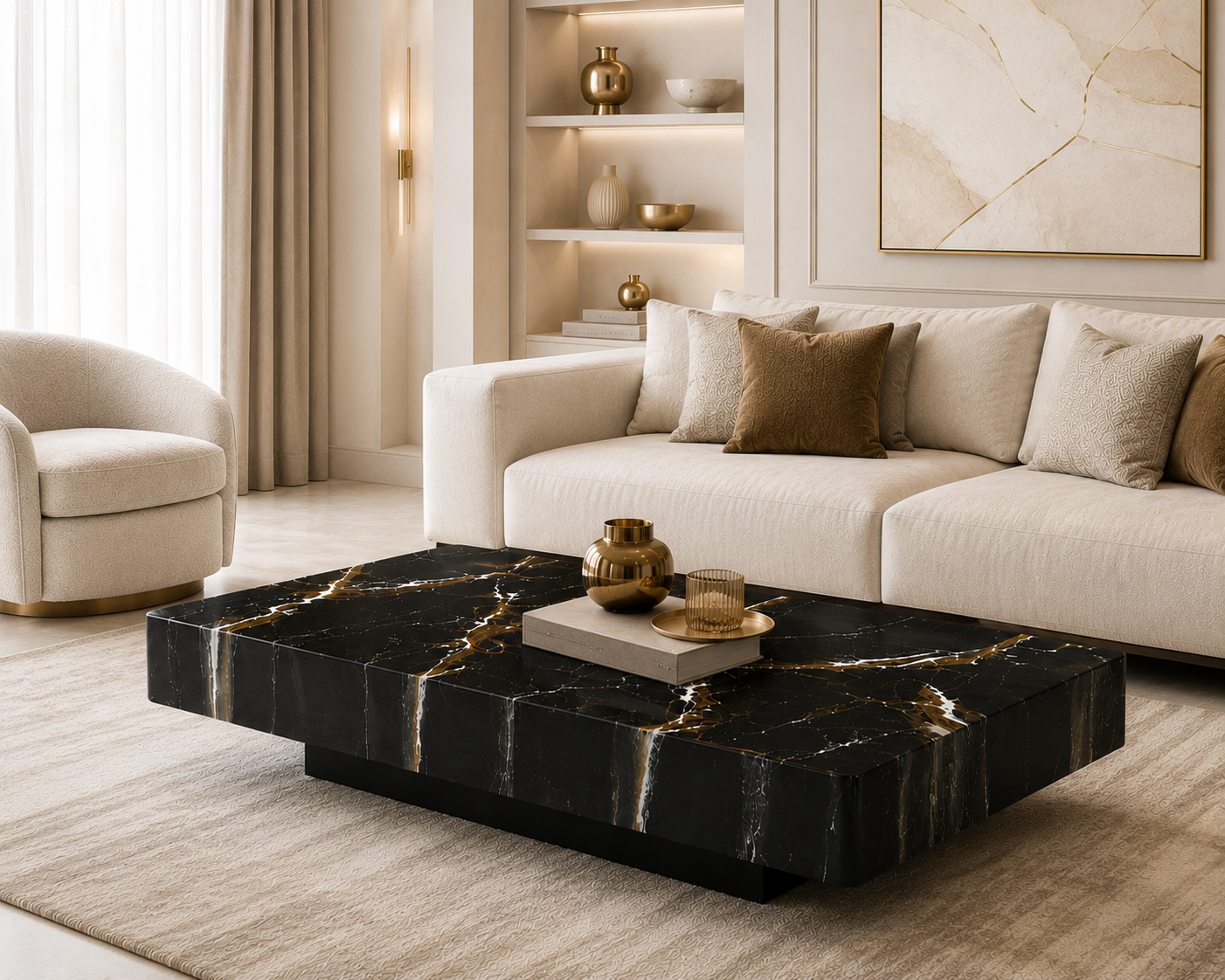 Glossy Black Gold Marble Coffee Table