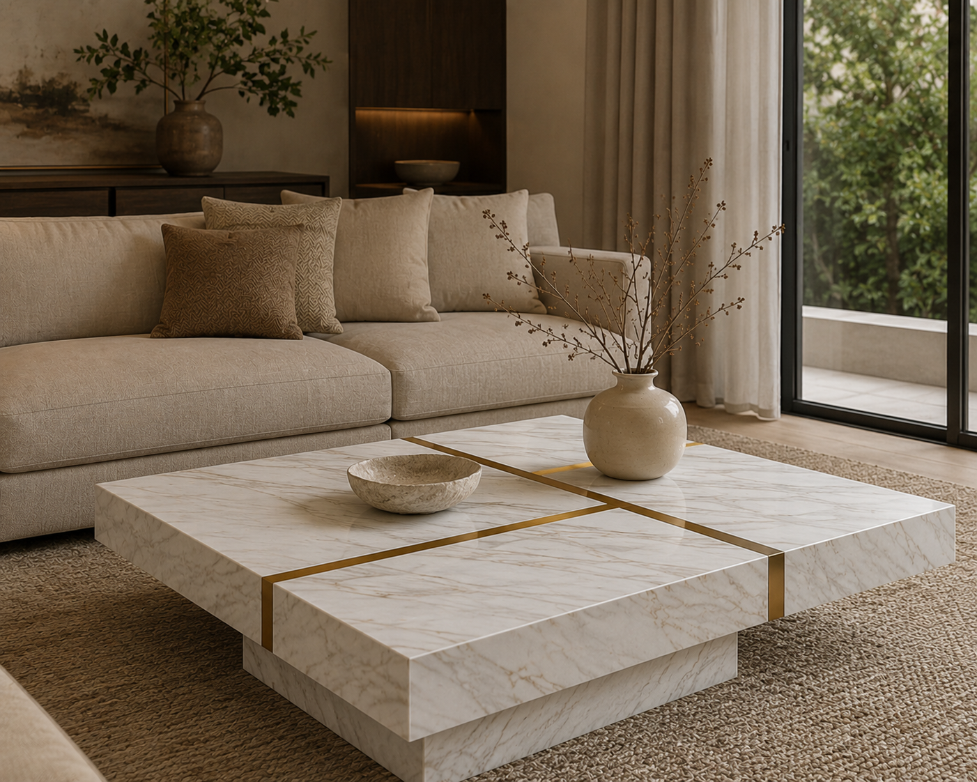 Gold Inlay Marble & Steel Coffee Table