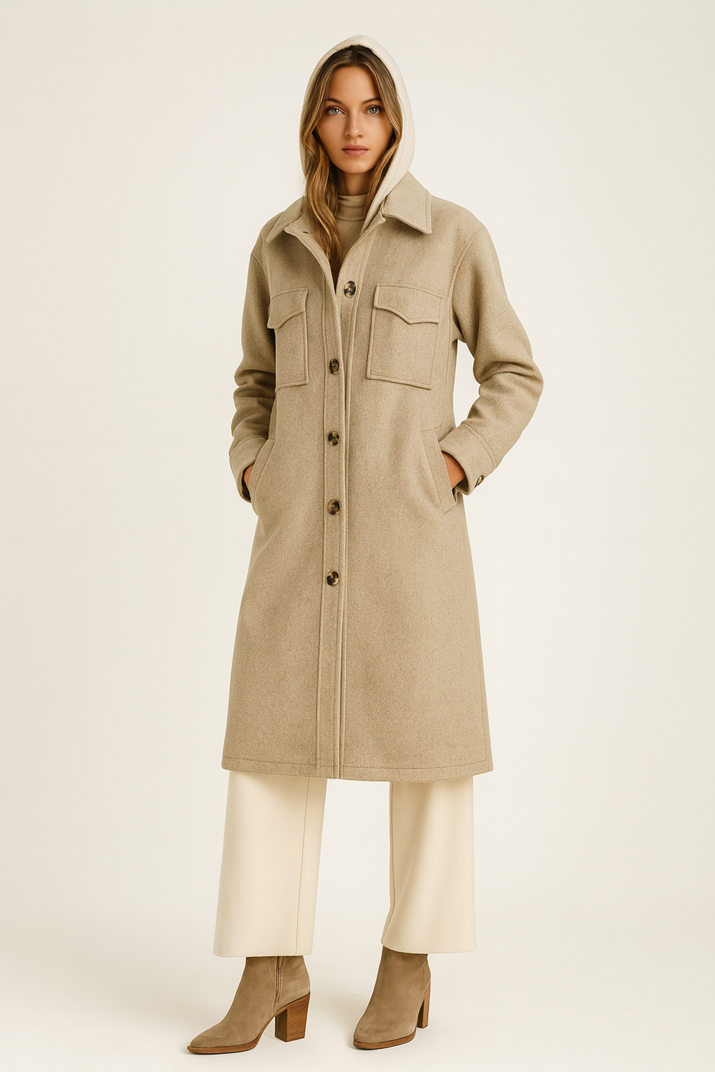 Twofer Hoodie Solid Coat - Latte