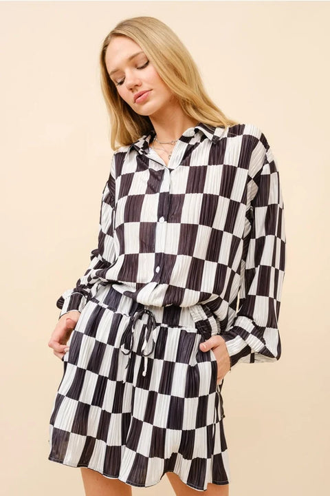 Check Plissé Top and High Waist Shorts Set