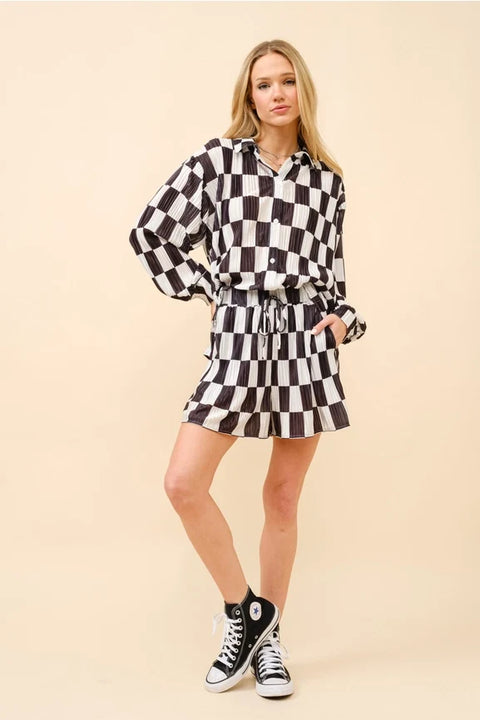 Check Plissé Top and High Waist Shorts Set
