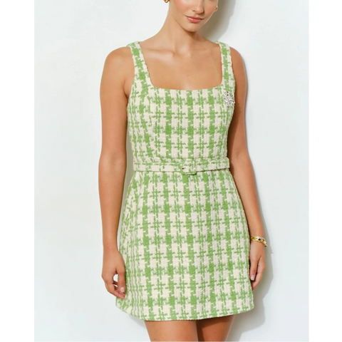 Check Tweed Brooch Detail Belted Mini Dress in Lime