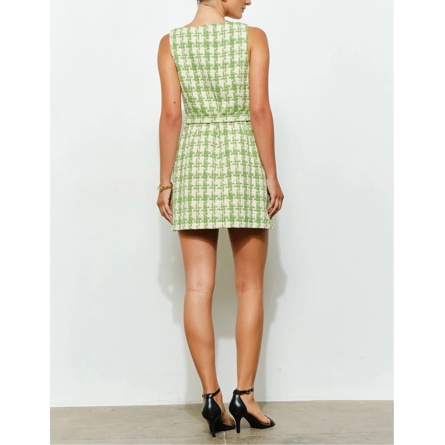 Check Tweed Brooch Detail Belted Mini Dress in Lime