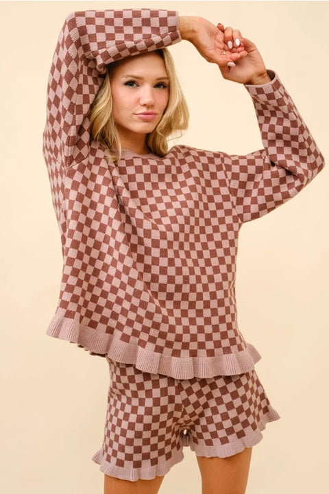 Checker Frill Ruffle Sweater and Shorts Set