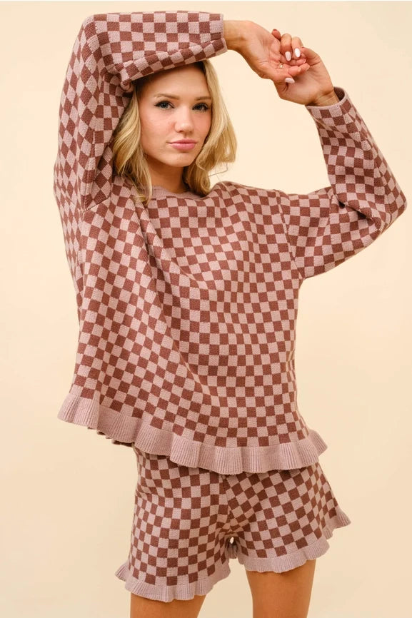 Checker Frill Ruffle Sweater and Shorts Set