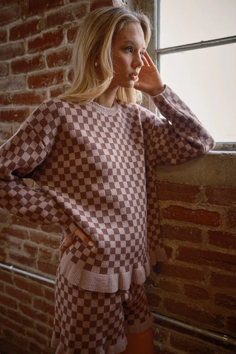 Checker Frill Ruffle Sweater and Shorts Set