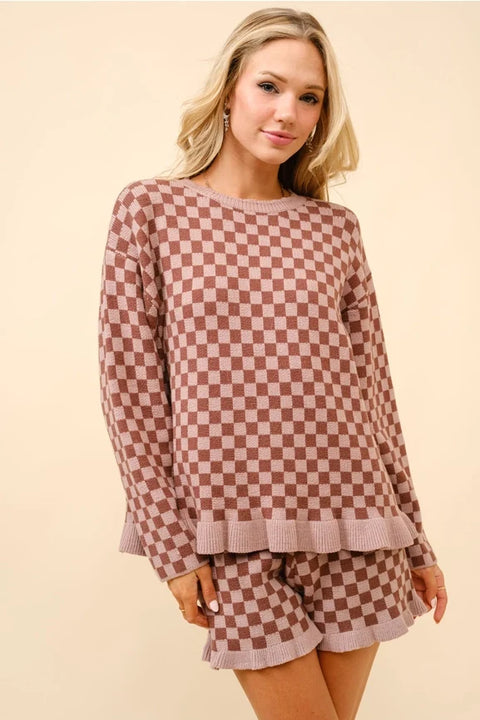 Checker Frill Ruffle Sweater and Shorts Set