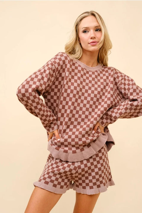 Checker Frill Ruffle Sweater and Shorts Set