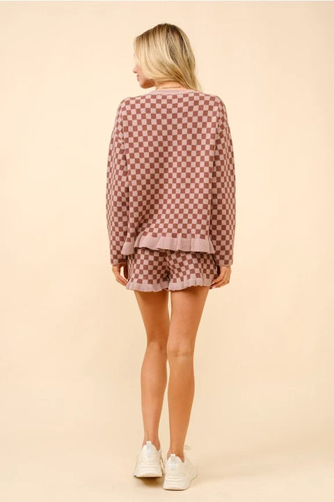 Checker Frill Ruffle Sweater and Shorts Set