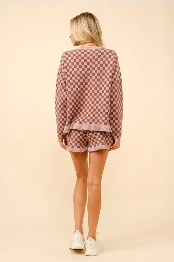 Checker Frill Ruffle Sweater and Shorts Set