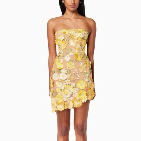 Chic 3D Floral Applique Tube Mini Dress Short Summer Style