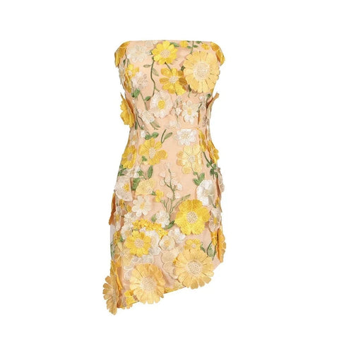 Chic 3D Floral Applique Tube Mini Dress Short Summer Style