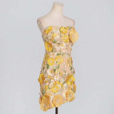 Chic 3D Floral Applique Tube Mini Dress Short Summer Style