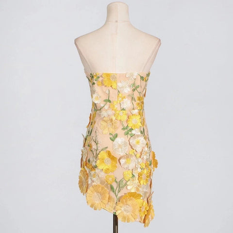 Chic 3D Floral Applique Tube Mini Dress Short Summer Style
