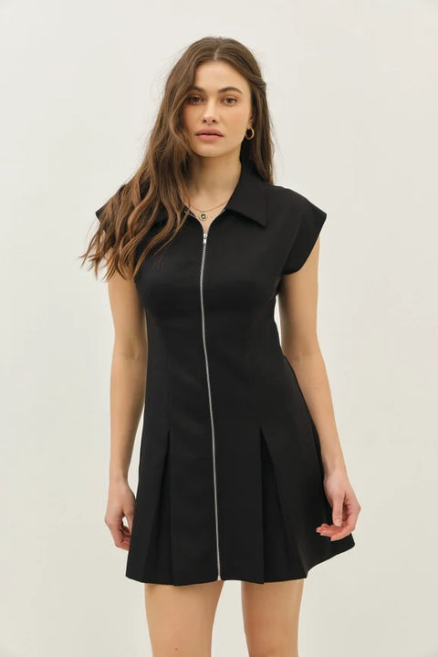 Chic Mini Dress with Front Zipper and Pleated Hem BLACK