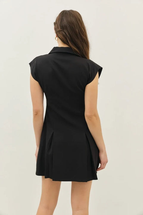 Chic Mini Dress with Front Zipper and Pleated Hem BLACK