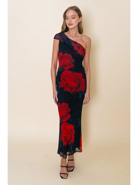 Chic Rose Asymmetrical Drop Shoulder Maxi Dress