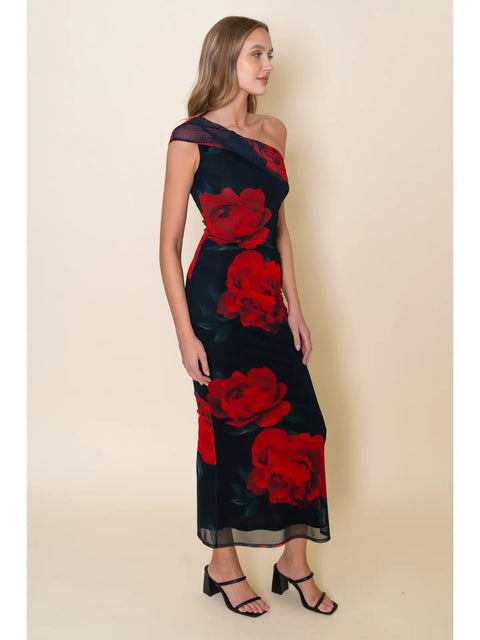 Chic Rose Asymmetrical Drop Shoulder Maxi Dress