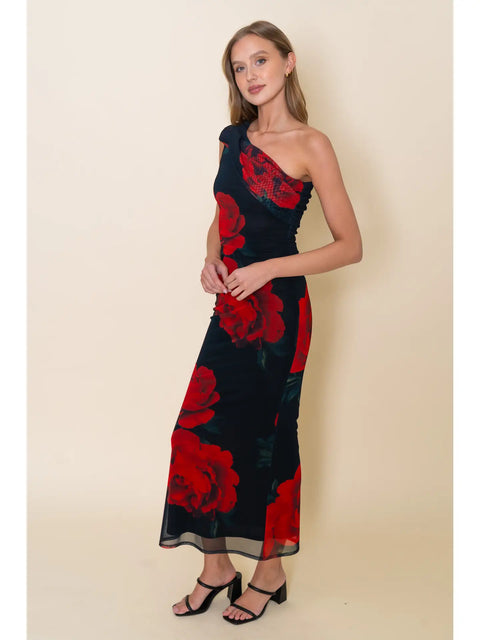 Chic Rose Asymmetrical Drop Shoulder Maxi Dress