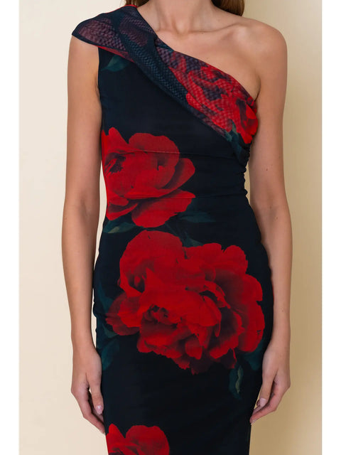 Chic Rose Asymmetrical Drop Shoulder Maxi Dress