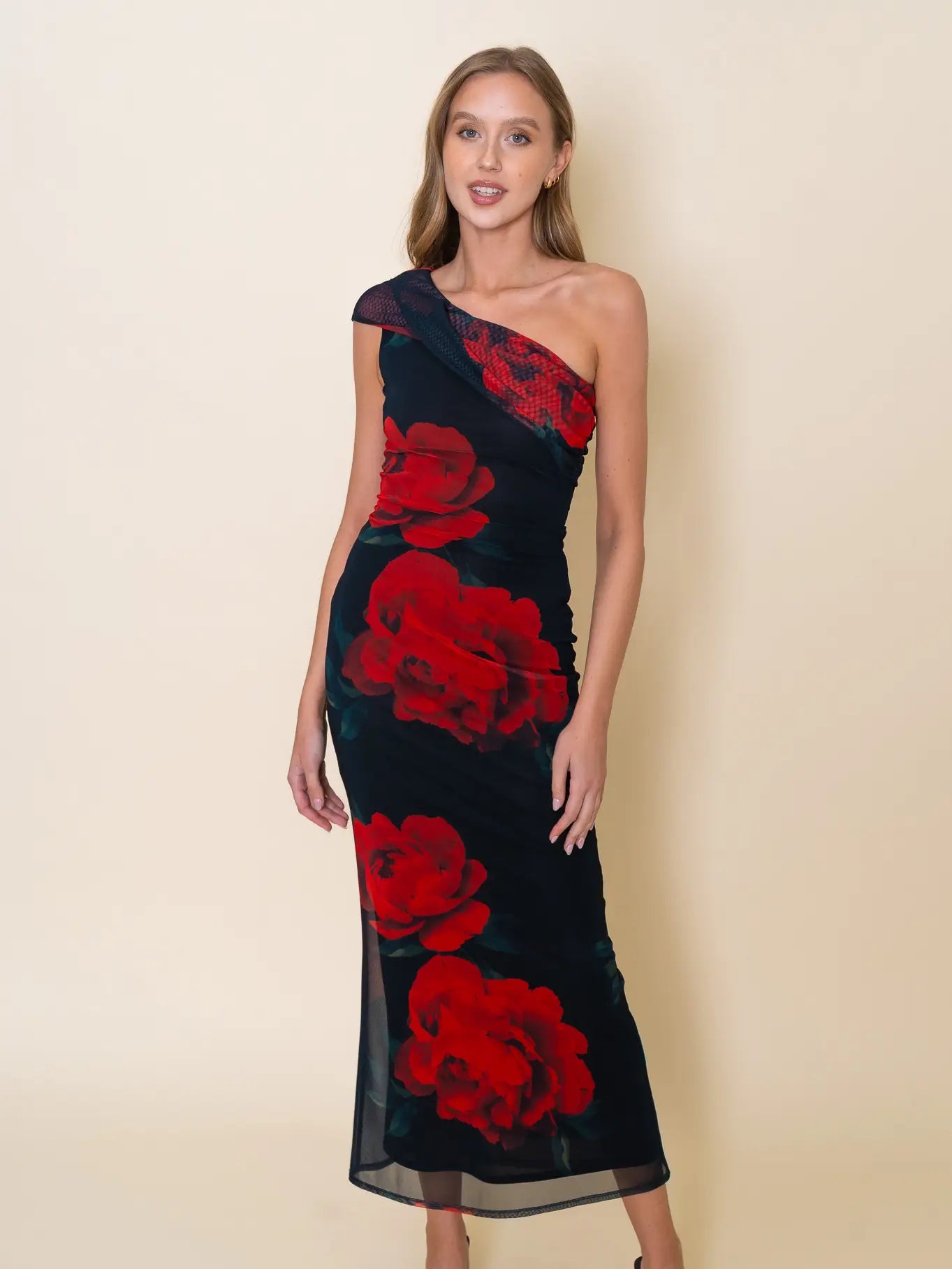 Chic Rose Asymmetrical Drop Shoulder Maxi Dress