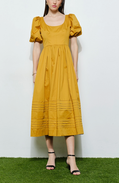 Classic Cotton Square Neck Smocked Midi Dress | Mustard