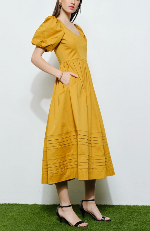 Classic Cotton Square Neck Smocked Midi Dress | Mustard
