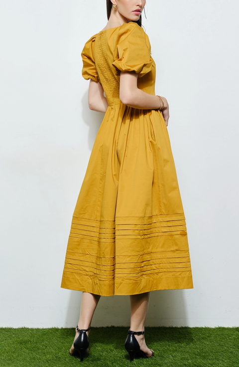 Classic Cotton Square Neck Smocked Midi Dress | Mustard