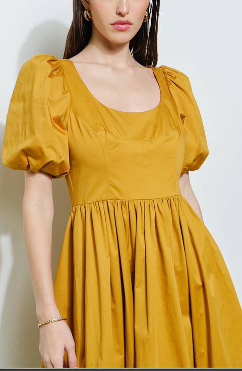 Classic Cotton Square Neck Smocked Midi Dress | Mustard