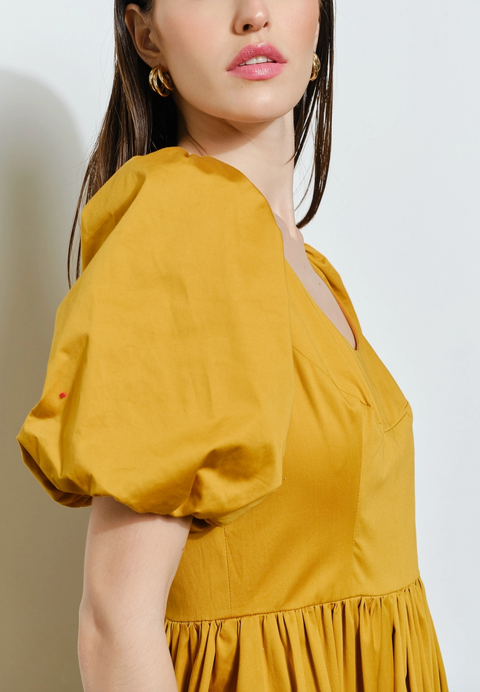 Classic Cotton Square Neck Smocked Midi Dress | Mustard