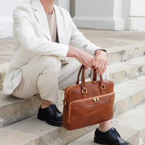 Cognac Leather Briefcase Laptop Bag - Orlando
