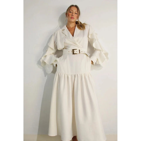 Collared Long Ruffle Sleeve Dress