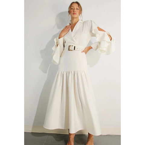 Collared Long Ruffle Sleeve Dress