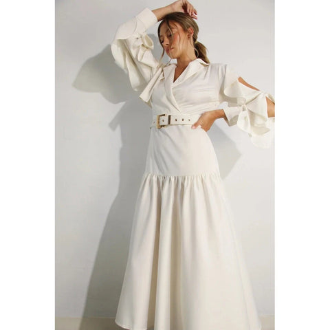 Collared Long Ruffle Sleeve Dress