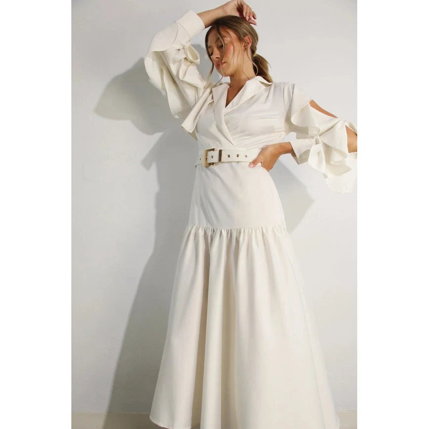 Collared Long Ruffle Sleeve Dress