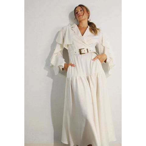 Collared Long Ruffle Sleeve Dress