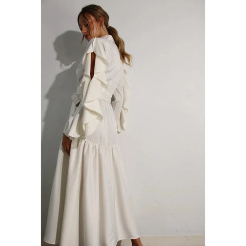 Collared Long Ruffle Sleeve Dress