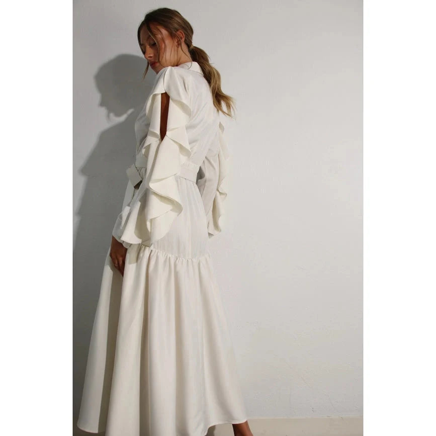 Collared Long Ruffle Sleeve Dress