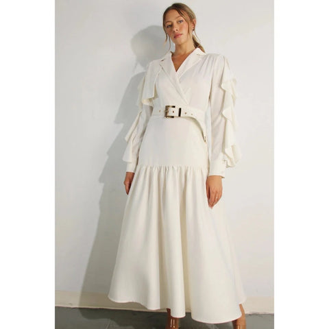 Collared Long Ruffle Sleeve Dress