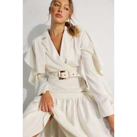 Collared Long Ruffle Sleeve Dress
