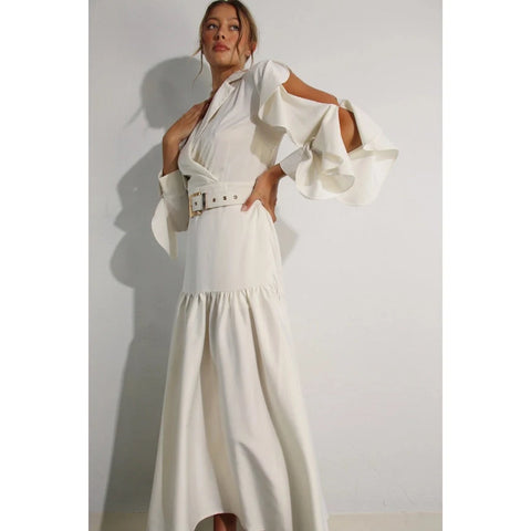 Collared Long Ruffle Sleeve Dress